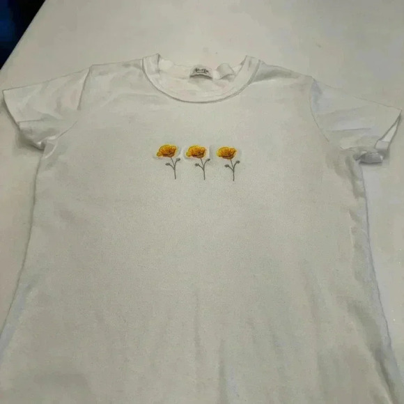 John Galt white short sleeve cropped tee with embroidered flowers on front. - Picture 10 of 10